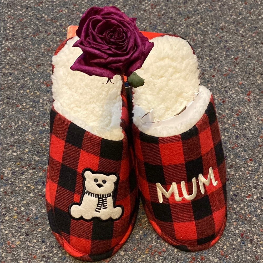 Red and Black Plaid Kids Slippers with Bear and 'MUM' Embroidery